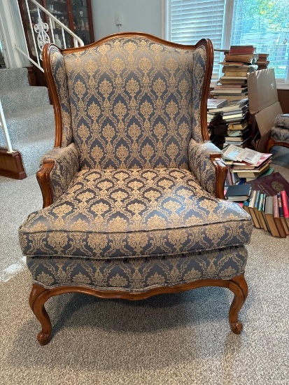 French-Style Wingback Armchair With Blue Damask Upholstery