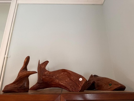 Three Pieces of Driftwood Sculptures With Seal Motif